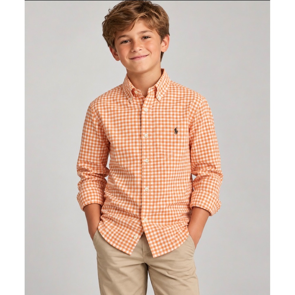 Ralph Lauren Boys Orange Gingham Long Sleeve Button Down Shirt Medium Preppy